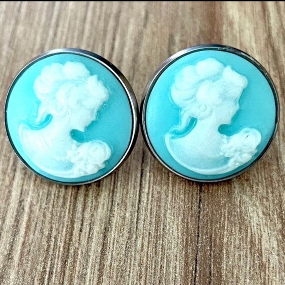 Blue and White Lady Cameo Stainless Steel Stud Earrings, Handmade, NWT